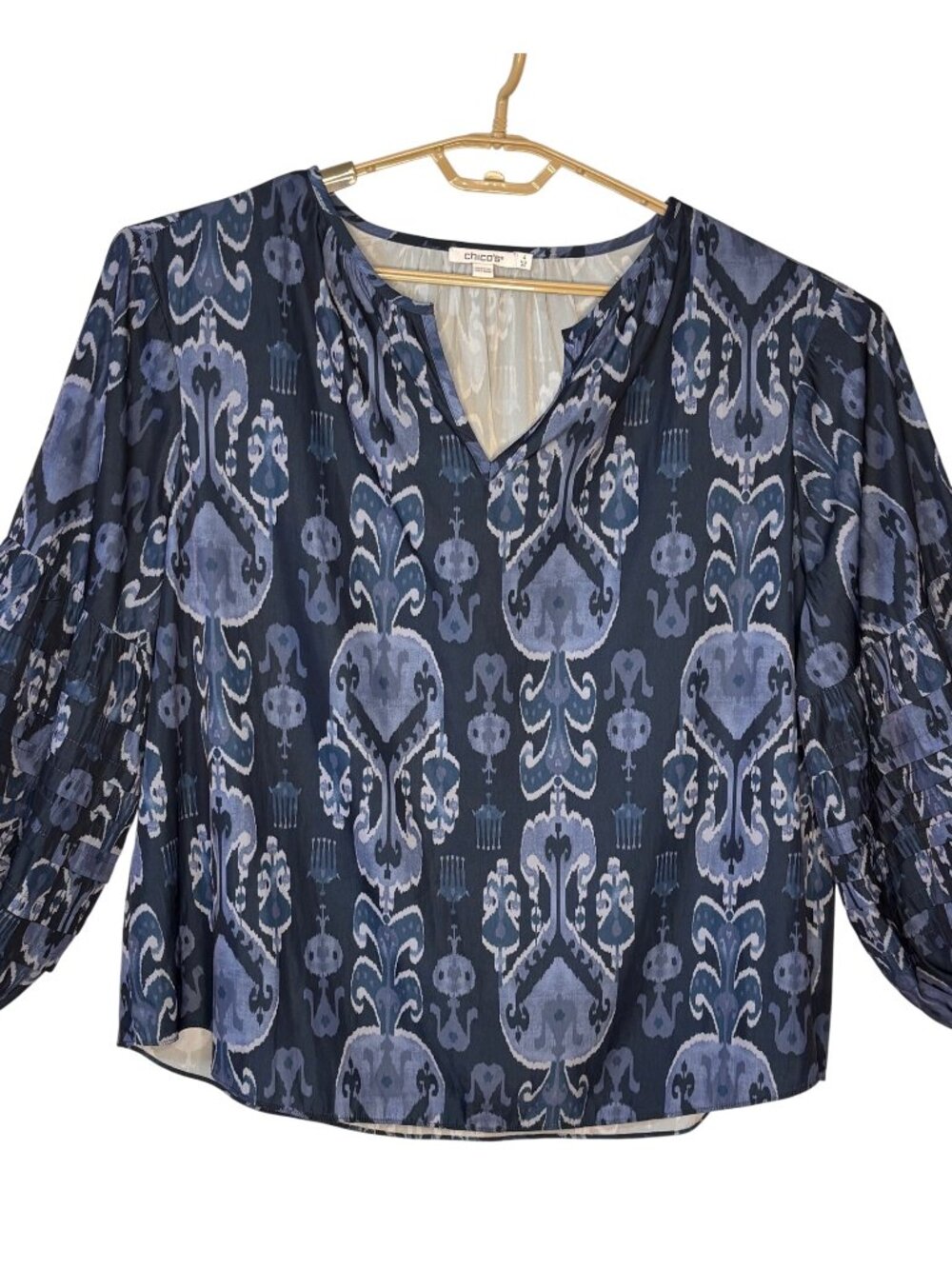 Chicos 4/US 20 Blue Ikat Sea Island Indigo Blouse Pleated Balloon Sleeves Plus